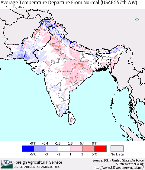 Southern Asia Average Temperature Departure From Normal (USAF 557th WW) Thematic Map For 6/6/2022 - 6/12/2022