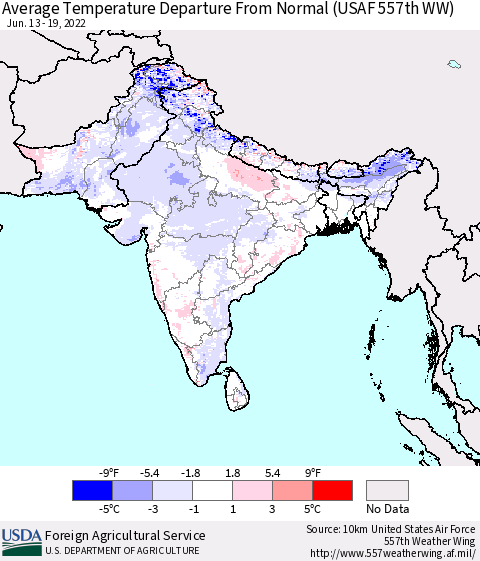 Southern Asia Average Temperature Departure from Normal (USAF 557th WW) Thematic Map For 6/13/2022 - 6/19/2022