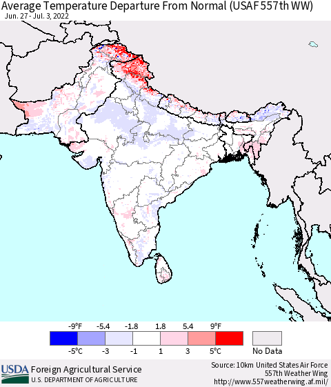 Southern Asia Average Temperature Departure from Normal (USAF 557th WW) Thematic Map For 6/27/2022 - 7/3/2022