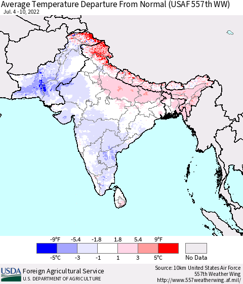 Southern Asia Average Temperature Departure from Normal (USAF 557th WW) Thematic Map For 7/4/2022 - 7/10/2022