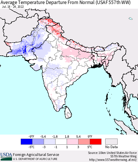 Southern Asia Average Temperature Departure from Normal (USAF 557th WW) Thematic Map For 7/18/2022 - 7/24/2022