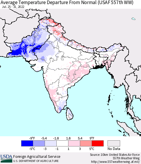 Southern Asia Average Temperature Departure from Normal (USAF 557th WW) Thematic Map For 7/25/2022 - 7/31/2022