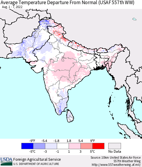 Southern Asia Average Temperature Departure from Normal (USAF 557th WW) Thematic Map For 8/1/2022 - 8/7/2022