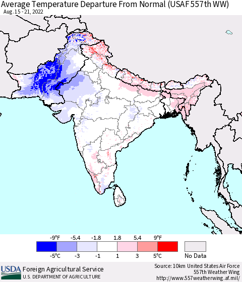 Southern Asia Average Temperature Departure from Normal (USAF 557th WW) Thematic Map For 8/15/2022 - 8/21/2022