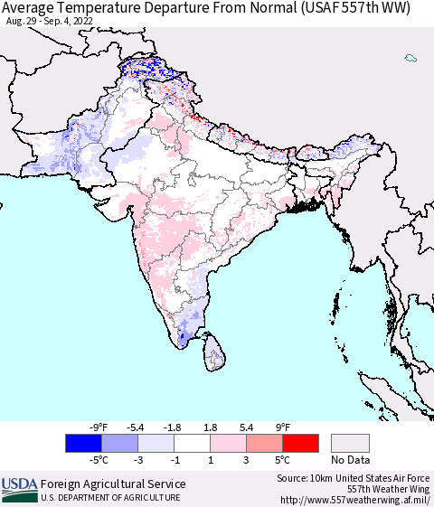 Southern Asia Average Temperature Departure from Normal (USAF 557th WW) Thematic Map For 8/29/2022 - 9/4/2022