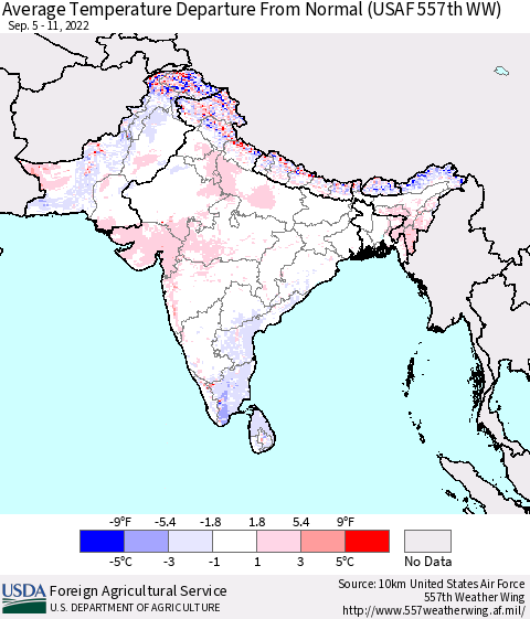 Southern Asia Average Temperature Departure from Normal (USAF 557th WW) Thematic Map For 9/5/2022 - 9/11/2022