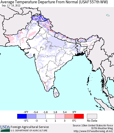 Southern Asia Average Temperature Departure from Normal (USAF 557th WW) Thematic Map For 9/12/2022 - 9/18/2022