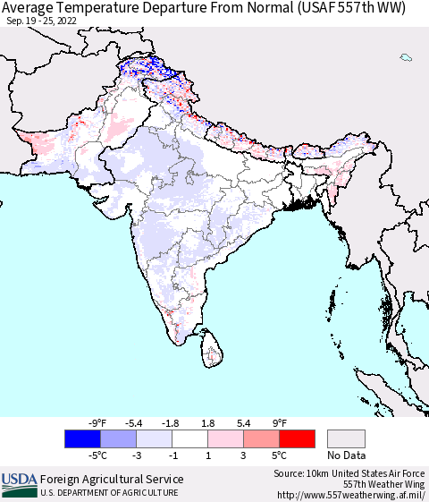 Southern Asia Average Temperature Departure from Normal (USAF 557th WW) Thematic Map For 9/19/2022 - 9/25/2022