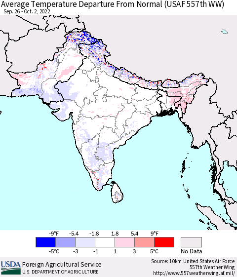 Southern Asia Average Temperature Departure from Normal (USAF 557th WW) Thematic Map For 9/26/2022 - 10/2/2022