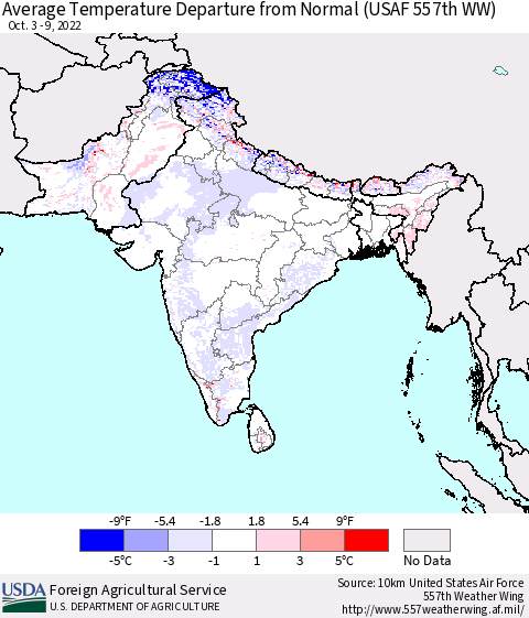 Southern Asia Average Temperature Departure from Normal (USAF 557th WW) Thematic Map For 10/3/2022 - 10/9/2022