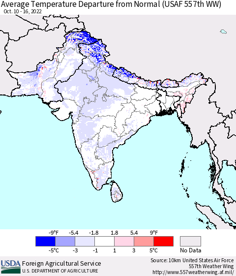 Southern Asia Average Temperature Departure from Normal (USAF 557th WW) Thematic Map For 10/10/2022 - 10/16/2022