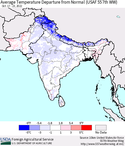 Southern Asia Average Temperature Departure from Normal (USAF 557th WW) Thematic Map For 10/17/2022 - 10/23/2022