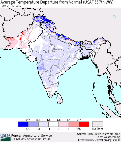 Southern Asia Average Temperature Departure from Normal (USAF 557th WW) Thematic Map For 10/24/2022 - 10/30/2022