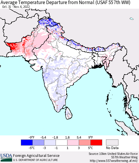 Southern Asia Average Temperature Departure from Normal (USAF 557th WW) Thematic Map For 10/31/2022 - 11/6/2022