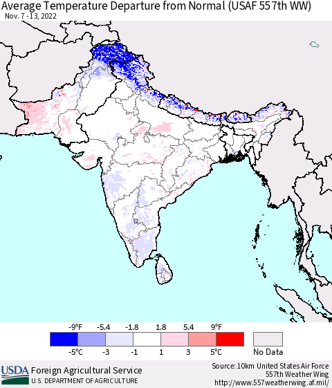 Southern Asia Average Temperature Departure from Normal (USAF 557th WW) Thematic Map For 11/7/2022 - 11/13/2022