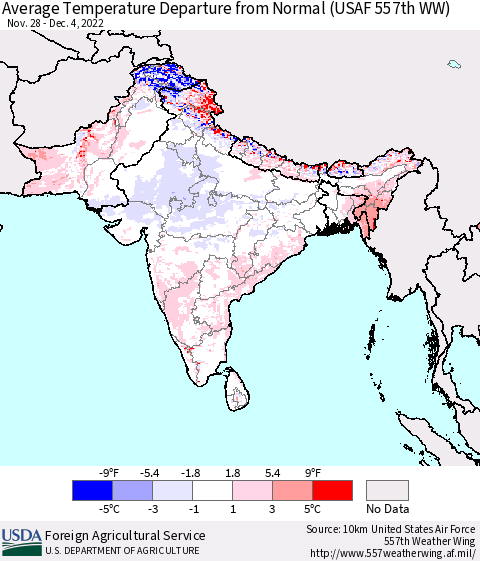 Southern Asia Average Temperature Departure from Normal (USAF 557th WW) Thematic Map For 11/28/2022 - 12/4/2022