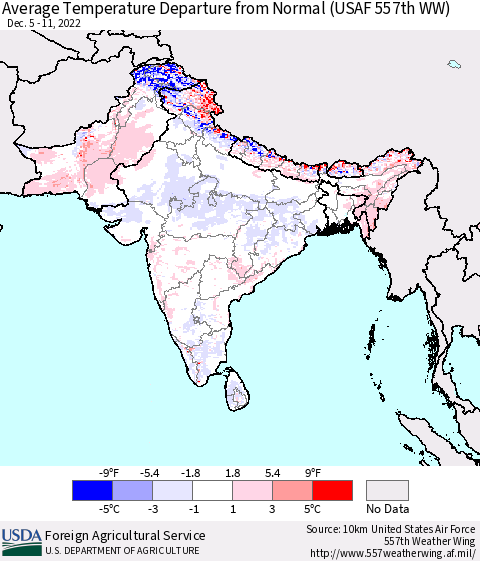 Southern Asia Average Temperature Departure from Normal (USAF 557th WW) Thematic Map For 12/5/2022 - 12/11/2022