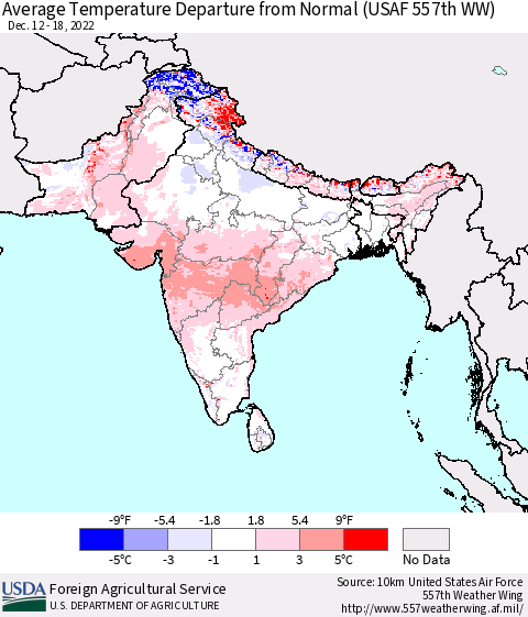 Southern Asia Average Temperature Departure from Normal (USAF 557th WW) Thematic Map For 12/12/2022 - 12/18/2022