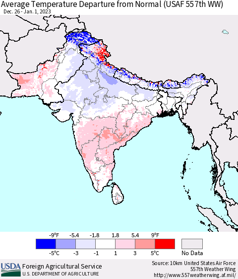 Southern Asia Average Temperature Departure from Normal (USAF 557th WW) Thematic Map For 12/26/2022 - 1/1/2023