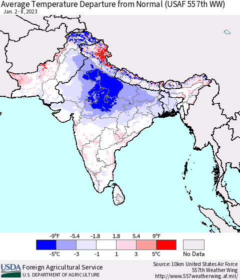 Southern Asia Average Temperature Departure from Normal (USAF 557th WW) Thematic Map For 1/2/2023 - 1/8/2023