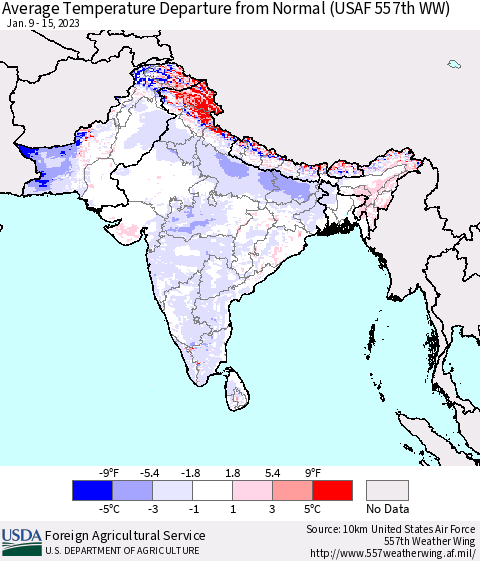 Southern Asia Average Temperature Departure from Normal (USAF 557th WW) Thematic Map For 1/9/2023 - 1/15/2023