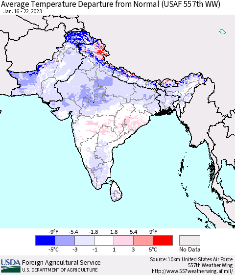 Southern Asia Average Temperature Departure from Normal (USAF 557th WW) Thematic Map For 1/16/2023 - 1/22/2023