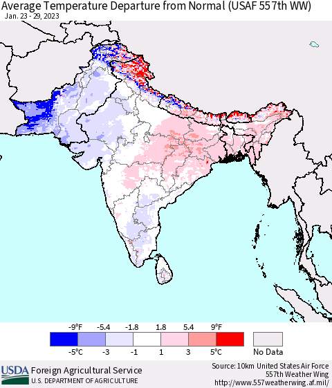 Southern Asia Average Temperature Departure from Normal (USAF 557th WW) Thematic Map For 1/23/2023 - 1/29/2023