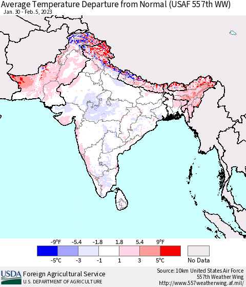 Southern Asia Average Temperature Departure from Normal (USAF 557th WW) Thematic Map For 1/30/2023 - 2/5/2023