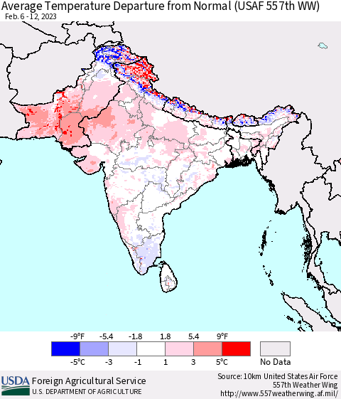 Southern Asia Average Temperature Departure from Normal (USAF 557th WW) Thematic Map For 2/6/2023 - 2/12/2023