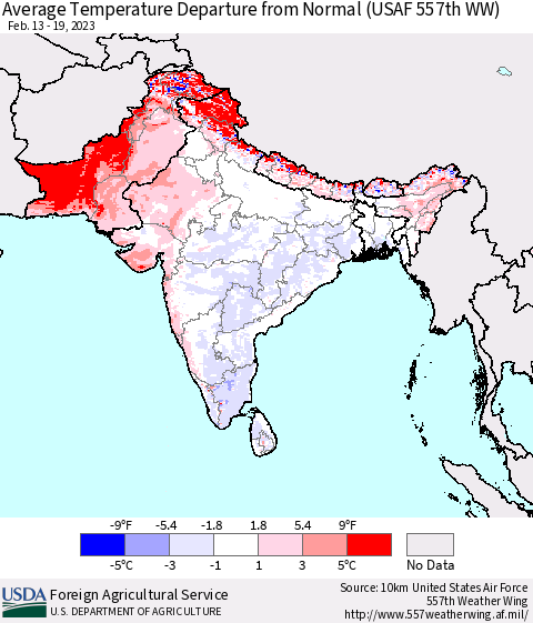 Southern Asia Average Temperature Departure from Normal (USAF 557th WW) Thematic Map For 2/13/2023 - 2/19/2023