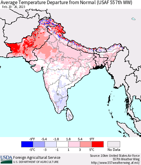 Southern Asia Average Temperature Departure from Normal (USAF 557th WW) Thematic Map For 2/20/2023 - 2/26/2023