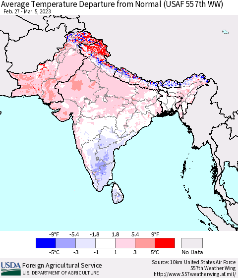 Southern Asia Average Temperature Departure from Normal (USAF 557th WW) Thematic Map For 2/27/2023 - 3/5/2023
