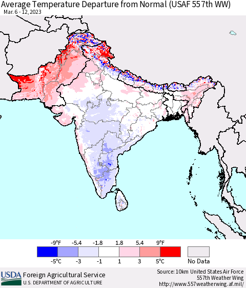 Southern Asia Average Temperature Departure from Normal (USAF 557th WW) Thematic Map For 3/6/2023 - 3/12/2023