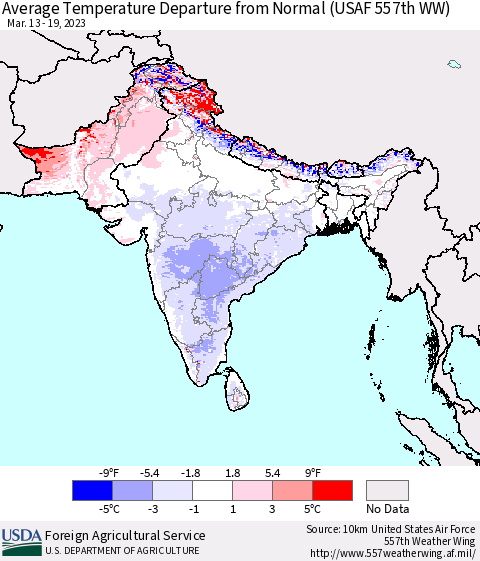 Southern Asia Average Temperature Departure from Normal (USAF 557th WW) Thematic Map For 3/13/2023 - 3/19/2023