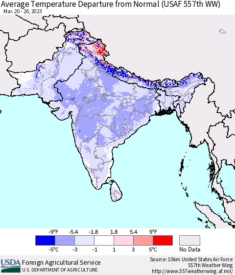 Southern Asia Average Temperature Departure from Normal (USAF 557th WW) Thematic Map For 3/20/2023 - 3/26/2023