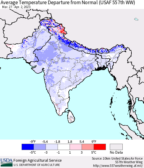 Southern Asia Average Temperature Departure from Normal (USAF 557th WW) Thematic Map For 3/27/2023 - 4/2/2023