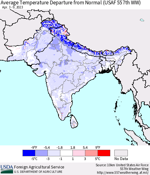 Southern Asia Average Temperature Departure from Normal (USAF 557th WW) Thematic Map For 4/3/2023 - 4/9/2023