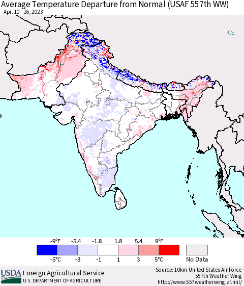 Southern Asia Average Temperature Departure from Normal (USAF 557th WW) Thematic Map For 4/10/2023 - 4/16/2023