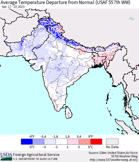 Southern Asia Average Temperature Departure from Normal (USAF 557th WW) Thematic Map For 4/17/2023 - 4/23/2023