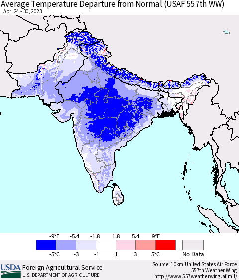 Southern Asia Average Temperature Departure from Normal (USAF 557th WW) Thematic Map For 4/24/2023 - 4/30/2023