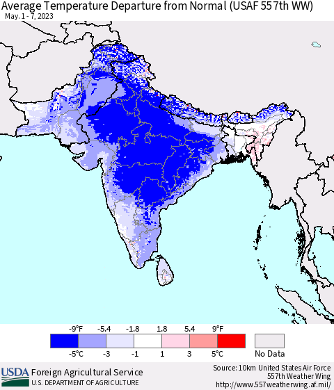 Southern Asia Average Temperature Departure from Normal (USAF 557th WW) Thematic Map For 5/1/2023 - 5/7/2023