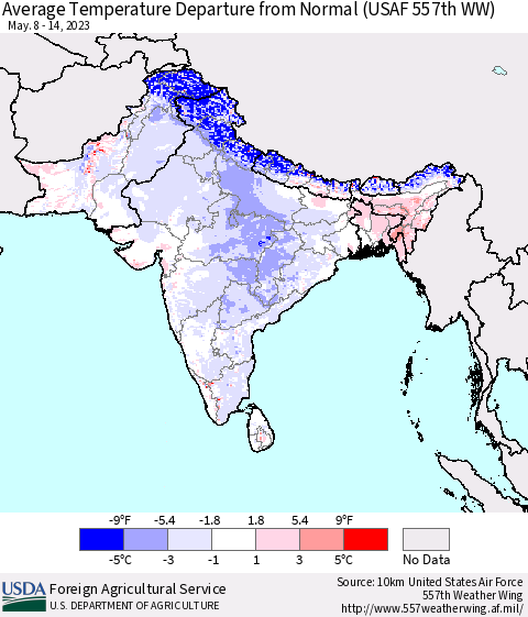 Southern Asia Average Temperature Departure from Normal (USAF 557th WW) Thematic Map For 5/8/2023 - 5/14/2023