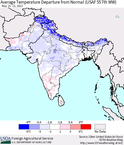 Southern Asia Average Temperature Departure from Normal (USAF 557th WW) Thematic Map For 5/15/2023 - 5/21/2023
