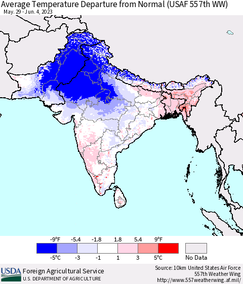 Southern Asia Average Temperature Departure from Normal (USAF 557th WW) Thematic Map For 5/29/2023 - 6/4/2023