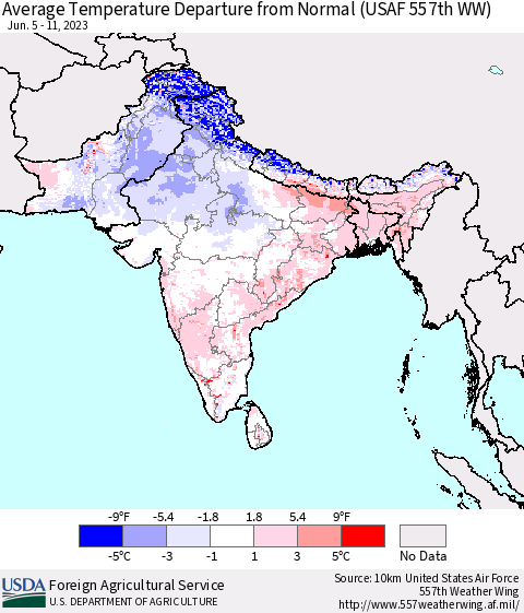 Southern Asia Average Temperature Departure from Normal (USAF 557th WW) Thematic Map For 6/5/2023 - 6/11/2023
