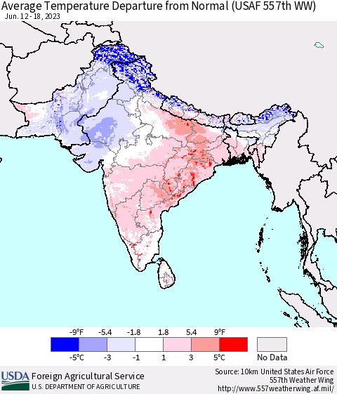 Southern Asia Average Temperature Departure from Normal (USAF 557th WW) Thematic Map For 6/12/2023 - 6/18/2023