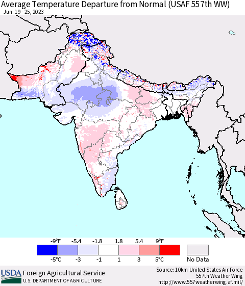 Southern Asia Average Temperature Departure from Normal (USAF 557th WW) Thematic Map For 6/19/2023 - 6/25/2023