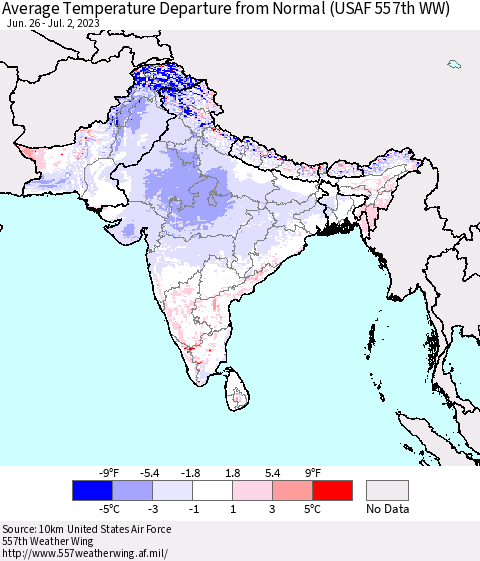 Southern Asia Average Temperature Departure from Normal (USAF 557th WW) Thematic Map For 6/26/2023 - 7/2/2023