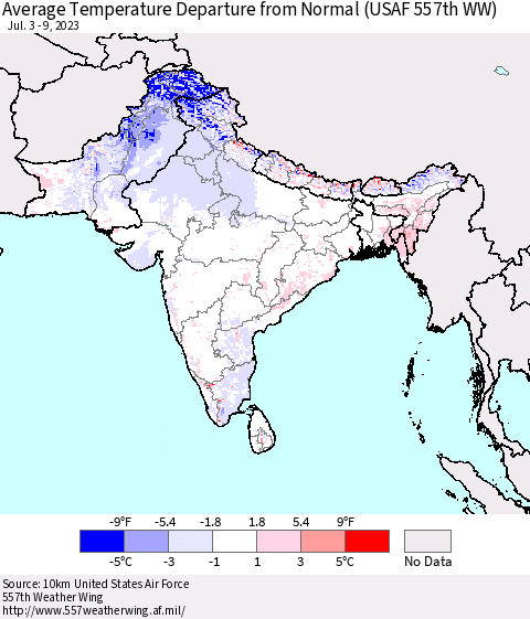 Southern Asia Average Temperature Departure from Normal (USAF 557th WW) Thematic Map For 7/3/2023 - 7/9/2023