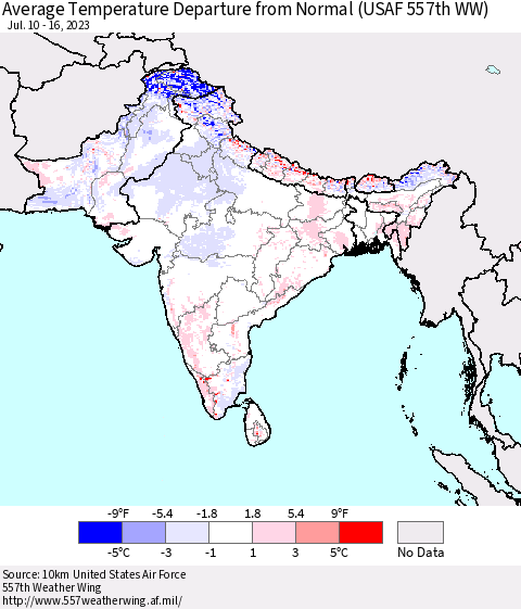 Southern Asia Average Temperature Departure from Normal (USAF 557th WW) Thematic Map For 7/10/2023 - 7/16/2023